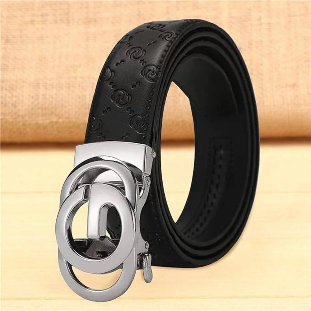 Men's Ratchet Designer Black Leather Belts with Automatic Silver G Letter Buckle